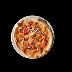 Tasty pizza with seafood on black background. Mediterranean cuisine.