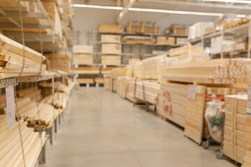 Blurred background of the interior of a construction store. For construction and finishing works. Sale of construction materials