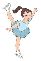 Figure skater girl in short blue dress skating, female athlete practicing. Hand  drawn. Template. Closeup.