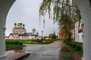 View of the Cathedral of St. Sergius of Radonezh in the Trinity-Sergius Varnitsky Monastery on a cloudy rainy day, Rostov the Great, Yaroslavl region, Russia