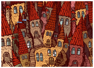 Fragment of a fabulous medieval city with high windows, tiled roofs and steep stairs. Sketch. Vector illustration