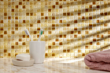 Stone table in the bathroom, with free space, rays of light and shadows on the wall 