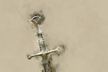 watercolor style and abstract image of mysterious and magical silver sword. Medieval period concept