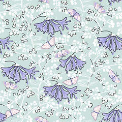 Botanical climbing vines and butterflies seamless pattern, flowers and butterfly background in pastel tones - 491213146
