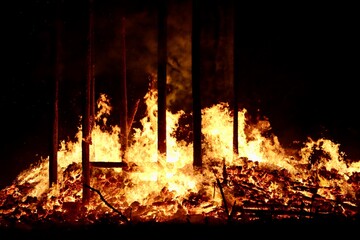 Buergbrennen festival in Luxembourg. Celebrating end of winter beginning of spring by burning mock castles. Red coal and flames