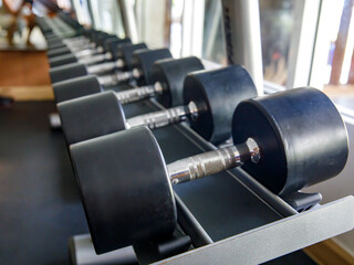 Obraz premium A rack of heavy round dumbbells at empty gym or fitness club. Workout and pyramid training or running the rack for serious bodybuilding concept.
