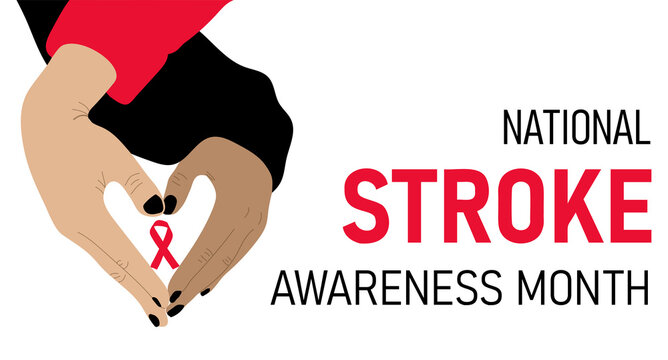 National Stroke awareness month. Hands making heart shape holding awareness ribbon