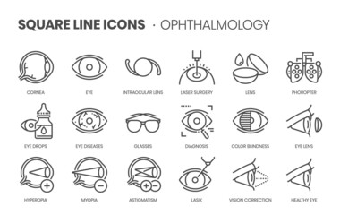 Ophthalmology related, pixel perfect, editable stroke, up scalable square line vector icon set. - obrazy, fototapety, plakaty