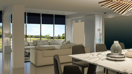 Illustration 3D rendering large luxury modern bright interiors Living room mockup computer digitally generated image