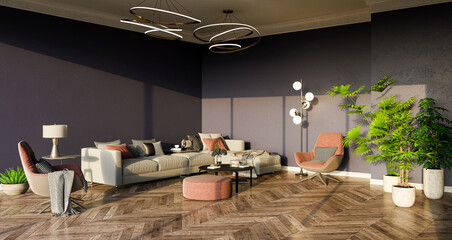 Illustration 3D rendering large luxury modern bright interiors Living room mockup computer digitally generated image