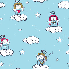 Fototapeta premium Seamless vector pattern with cartoon angels on blue background. Simple heaven sky wallpaper design. Decorative baby fashion textile.