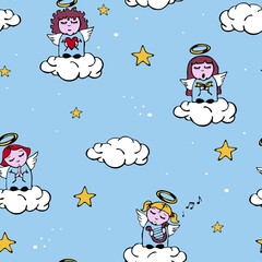 Seamless vector pattern with cartoon angels on blue background. Simple hand drawn singing girl sky wallpaper design. Decorative heaven fashion textile.