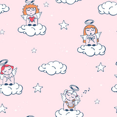 Seamless vector pattern with cute hand drawn angels on pink background. Simple singing girl wallpaper design. Decorative sky fashion textile.