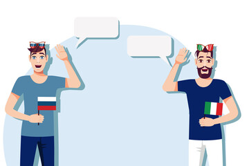 Men with Russian and Italian  flags. The concept of international communication, education, sports, travel, business. Dialogue between Russia and Italy. Vector illustration.