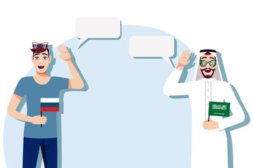 The concept of international communication, sports, education, business between Russia and Saudi Arabia. Men with Russian and Saudi flags. Vector illustration.