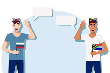 The concept of international communication, sports, education, business between Russia and South Africa. Men with Russian and South African flags. Vector illustration.