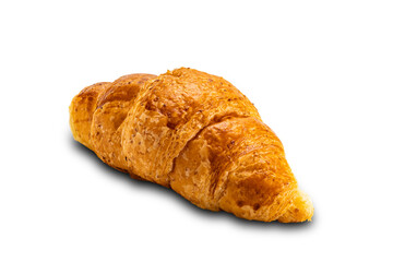 Single fresh homemade croissant isolated on white background.