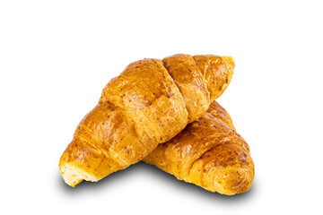 Side view pile of fresh homemade croissants on white background.