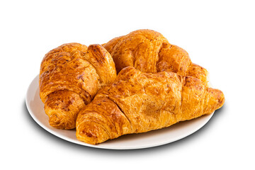 Fresh homemade croissants in white ceramic dish on white background.