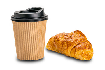 Single fresh homemade croissant with a paper cup of coffee on white background.