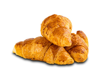 Pile of fresh delicious homemade croissants isolated on white background.