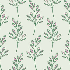 Seamless vector pattern with plant twig on green background. Modern nature leaf wallpaper design. Decorative soft branch fashion textile.