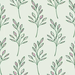 Wall murals Pastel Seamless vector pattern with plant twig on green background. Modern nature leaf wallpaper design. Decorative soft branch fashion textile.