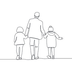 Father with kids. One single line vector illustration. Family