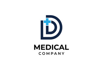 Medical logo, letter D with medical cross combination, flat design logo template, vector illustration	