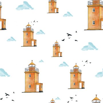 Seamless children's pattern with the image of a bright orange lighthouse. Idea for children's textiles, wallpaper, print for clothes, poster for the nursery.