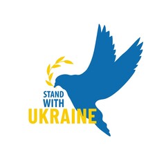 Stand with Ukraine. Dove with olive brunch. Peace in Ukraine. Stop russian agression