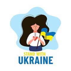 Ukrainian girl in the folk costume with flag of Ukraine and heart. Stand with Ukraine. Stop war in Ukraine