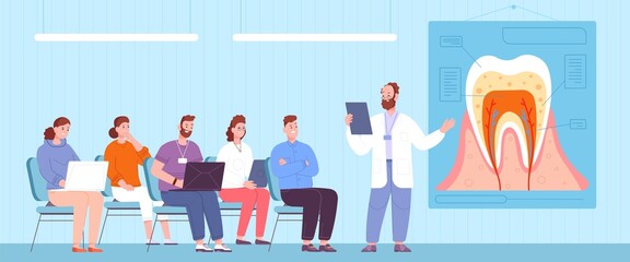 Medical school lecture. Getting doctorate or professional education medicine, professor at board student class, dental doctor study science conference, splendid vector illustration