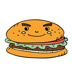 Fast food burger with cutlet, pmidor and salad. Vector in doodle style