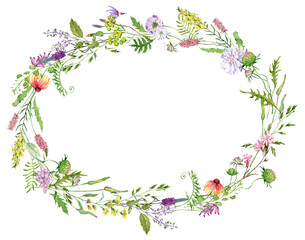 Watercolor pink and purple wildflowers wreath. Hand drawn template with herbs and wildflowers for wedding invitations, birthday cards.