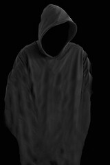 Fototapeta na wymiar Faceless person in hoodie in the darkness. Silhouette of reaper the death on black background. Hooded criminal in dark. Mystery man with hood. Hooligan in hoodie. Crime and violence concept.