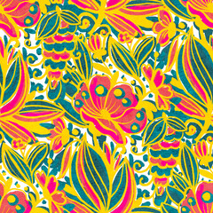 Seamless pattern with bright tropical flowers