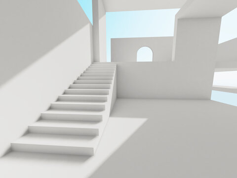 Abstract white empty interior background with stairway, 3 d