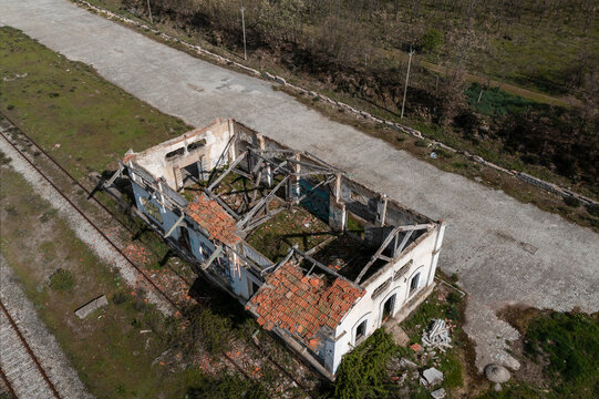 Aerial image of a ruined building in an old train station. Concept of evolution, antiquity and passage of time