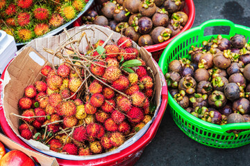 rambutan and other tropical exotic fruits on street market