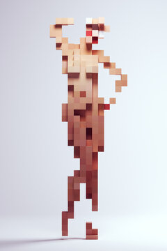 Woman Female Abstract Nude Cube Block Wiping Brow Sculpture 3d Pixel Voxels 3d illustration render