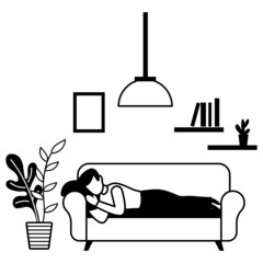 Middle Aged Male Taking A Nap On Couch Vector Icon Design, Weekly holidays Activity Symbol, Week Rest Days Sign, Lazy weekends people illustration, Young man resting on sofa at home Concept