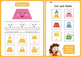 Learning shapes activity page - trapezoid. Geometric shapes worksheets for kids. Cut and paste game for toddlers. Vector illustration