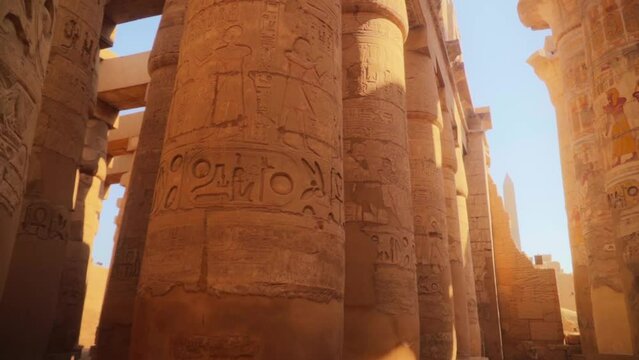 Close up of detailed carved pillars with hieroglyphs in the Hypostyle Hall, Luxor Egypt. 
Soft warm light and a small tilt down camera movement. 