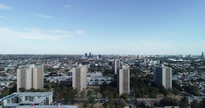 Smooth aerial approach toward Melbourne commotion housing flats in the suburbs of Richmond.