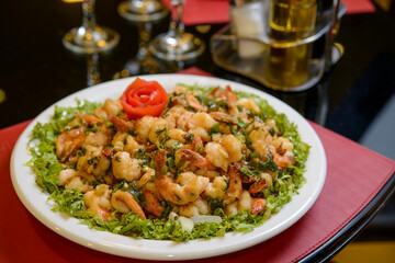 Fried shrimps with vegetables. Chinese cuisine.