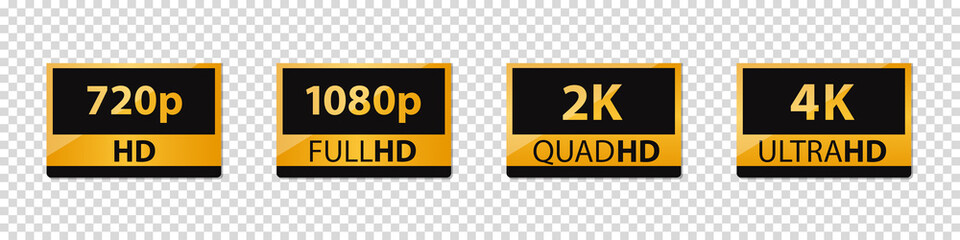 Screen Definition Golden Sticker HD, Full-HD, QuadHD And UltraHD - Vector Illustrations Set Isolated On Transparent Background