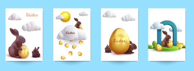 Happy easter set background for greeting card, banner, poster, cover, flyer. Collection festive design template in cute cartoon 3d style. Vector illustration.