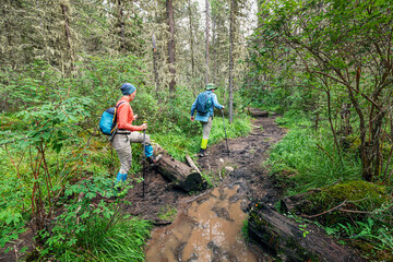 Hikers and tourists walk along a muddy trail soaked after heavy rain