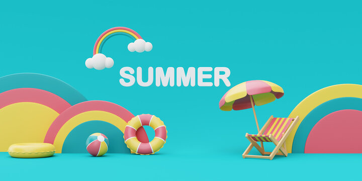 3d rendering of Summer vacation concept,colorfull podium display with summer elements,clouds and rainbow ,minimal style.3d render.